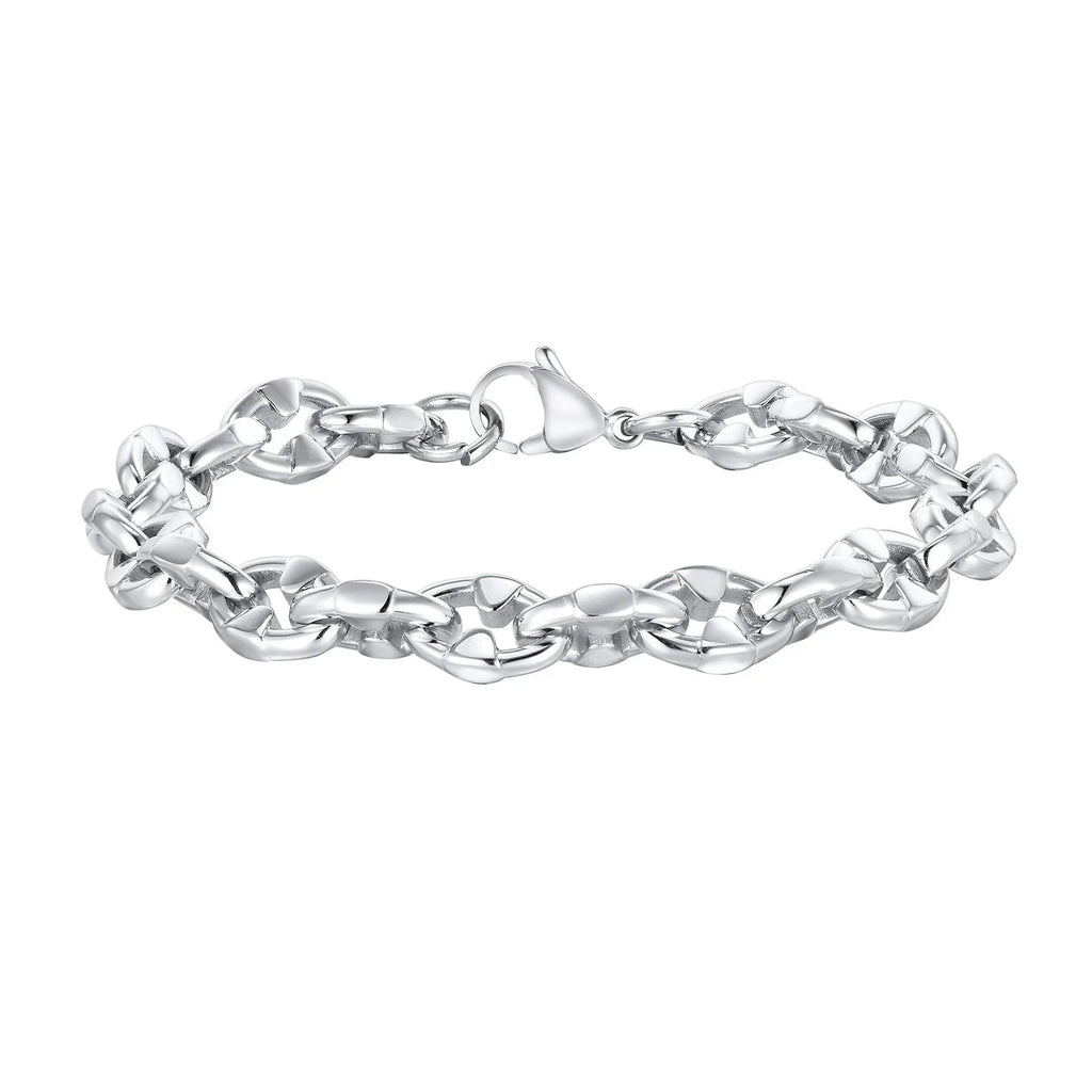 Stainless steel thick geometric chain bracelet on a wrist, showing handmade links and steel colour finish.