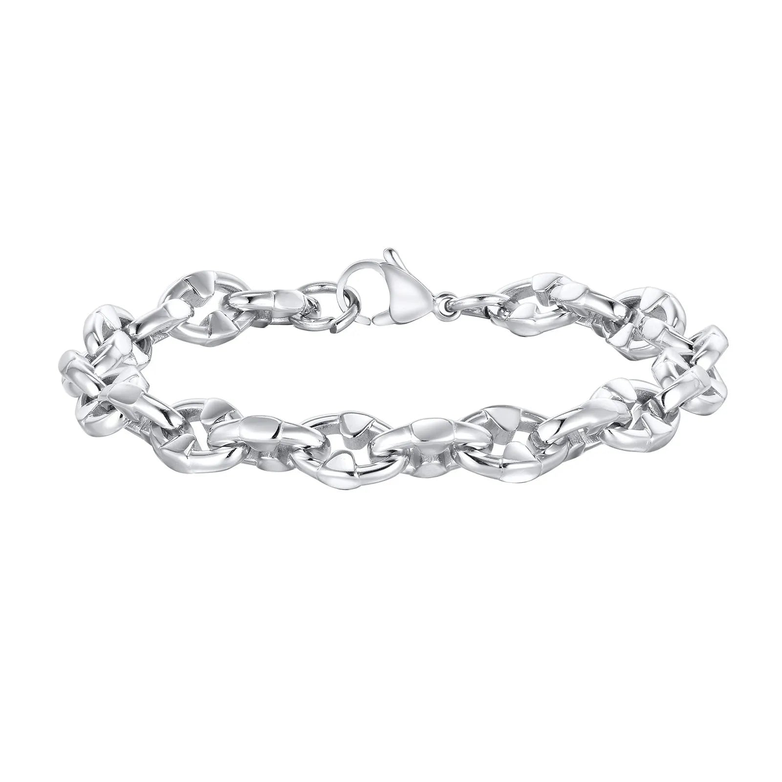 Stainless steel thick geometric chain bracelet on a wrist, showing handmade links and steel colour finish.