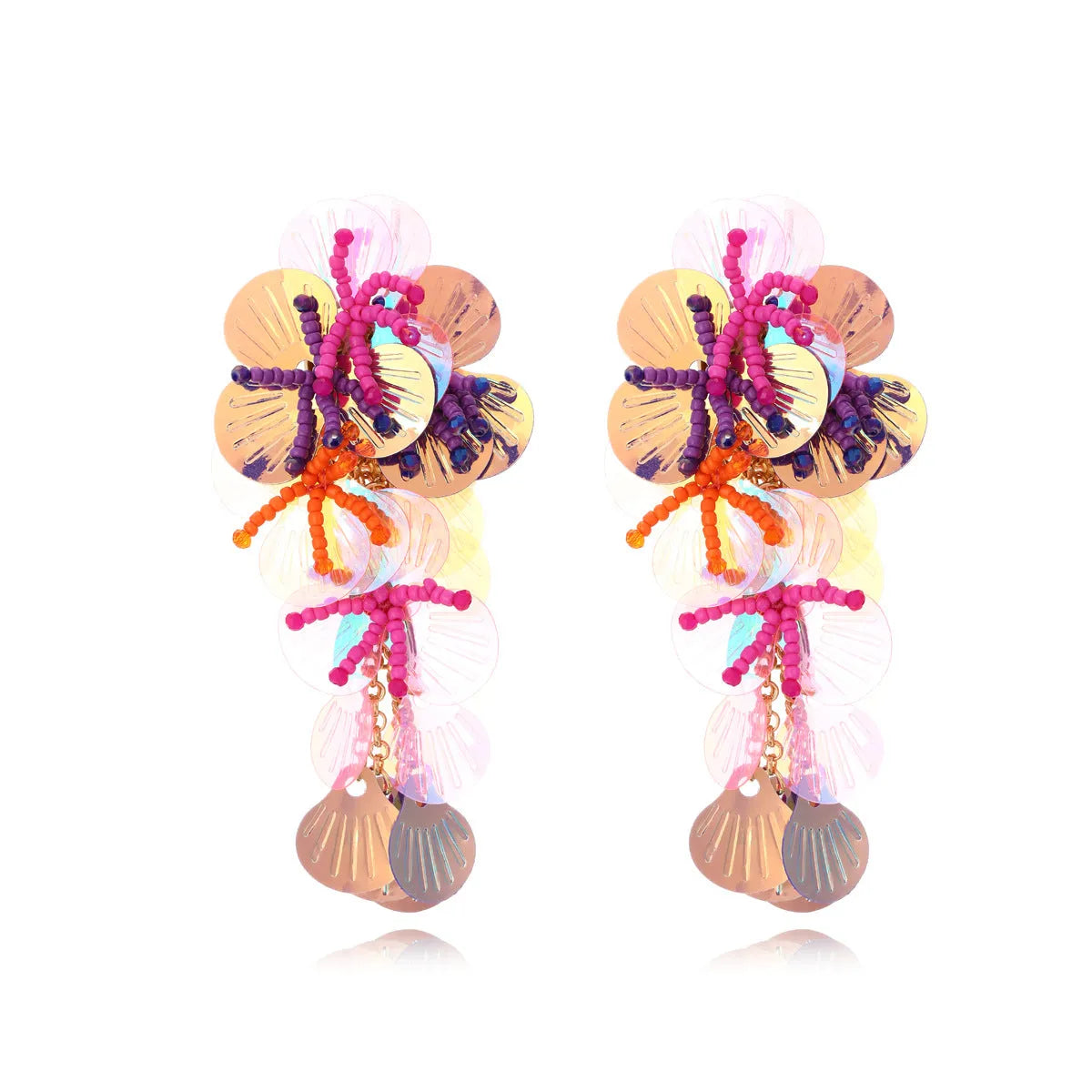 Handmade colourful beaded flower and leaf earrings in exaggerated dopamine style.
