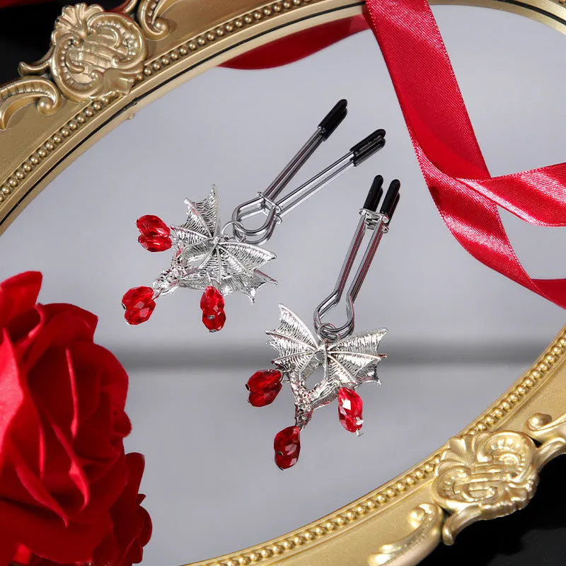 Adjustable silver alloy bat nipple clamp with ruby clip design for BDSM sensory play