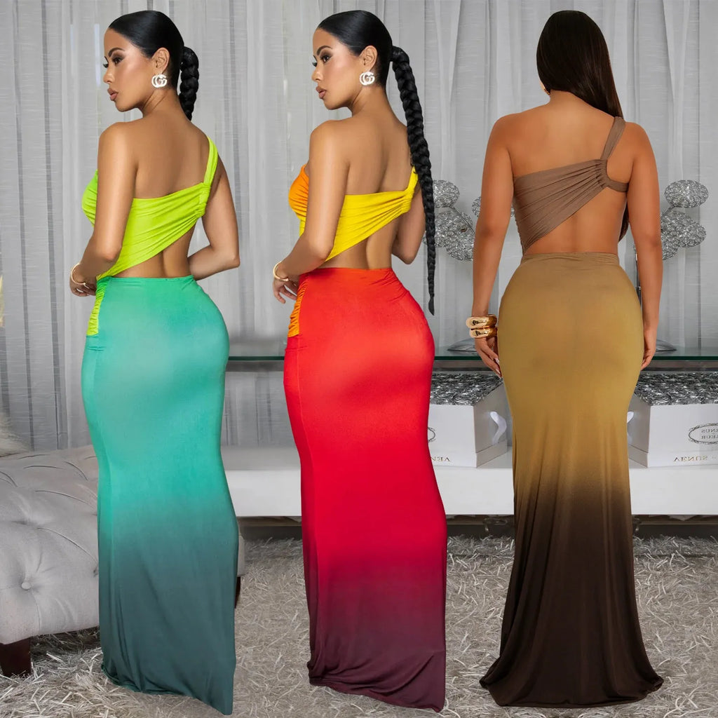 Women's brown gradient sleeveless dress with cross-shoulder design and high waist