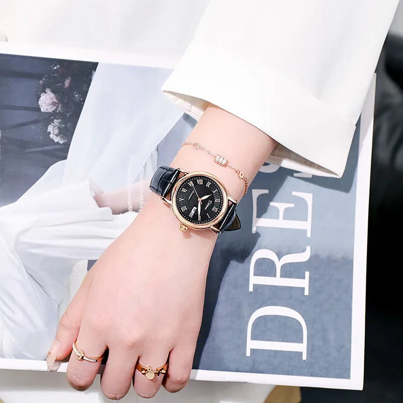 6023B automatic women's mechanical watch in steel and leather strap options on wrist