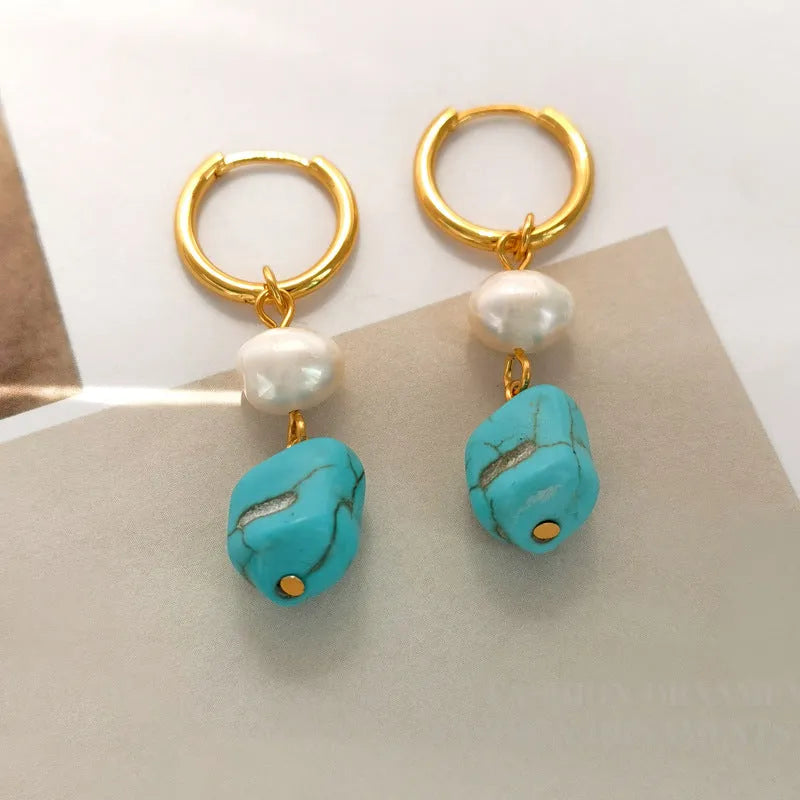 Turquoise and cultured pearl geometric earring set with short stud and long dangle copper earrings