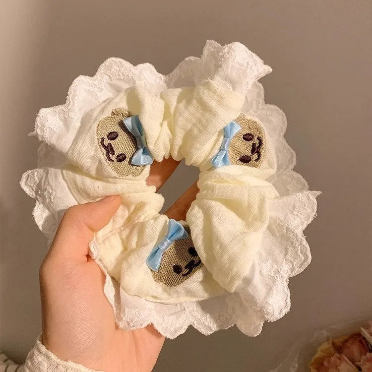 Blue bow bear design elastic cloth hair ring for ponytails