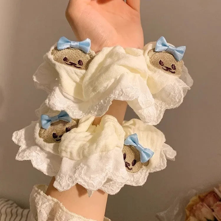 Blue bow bear design elastic cloth hair ring for ponytails