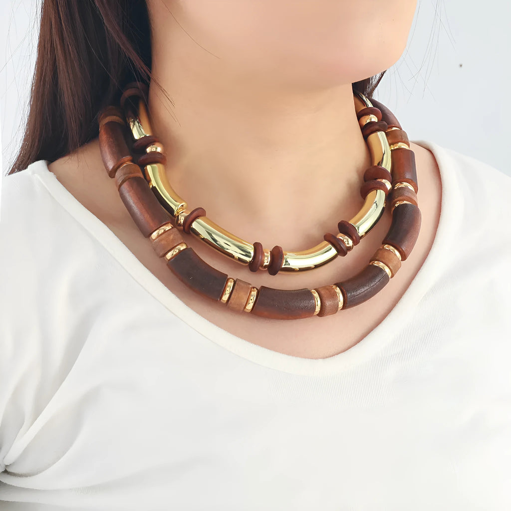 Women's multi-layer wooden necklace and bracelet set with alloy round pendant on regular chain