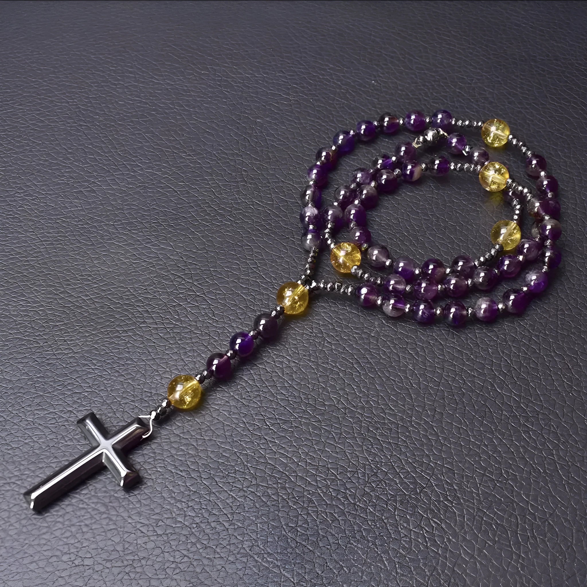 Men's stone cross pendant necklace on an 80cm ball bead chain with a safety lock