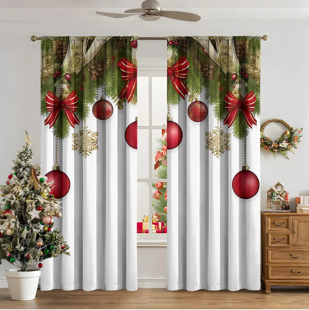 3D digital printed Christmas curtain in a modern European style, showing festive pattern and fabric texture.
