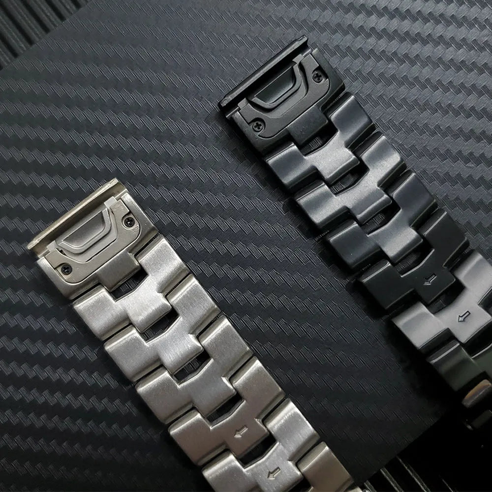 Garmin Fenix smartwatch replacement strap in silver, black and titanium colour options showing 22mm and 26mm width sizes