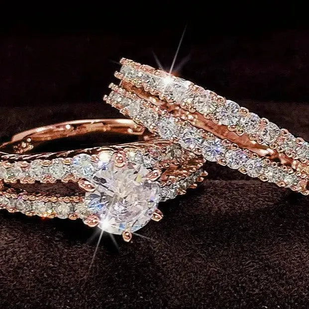2 in 1 geometric ring set for women in silver, gold, and rose gold colours showing fully-jewelled design