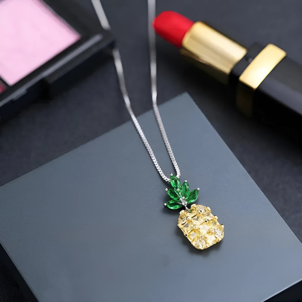 Korean geometric pineapple necklace with silver plating and diamond detailing pendant