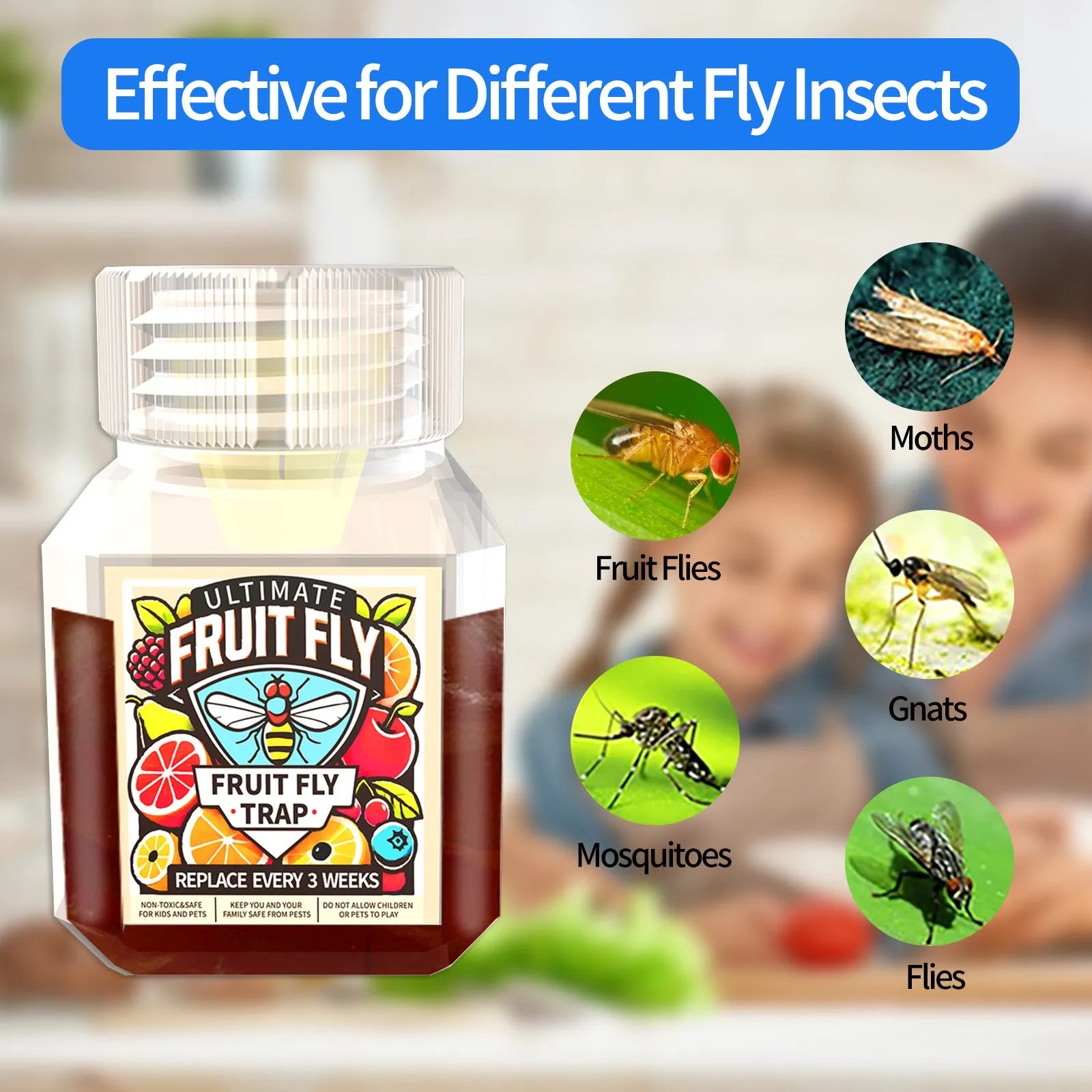 Bottle of fruit fly bait liquid for trapper station refill with SK003 specification options