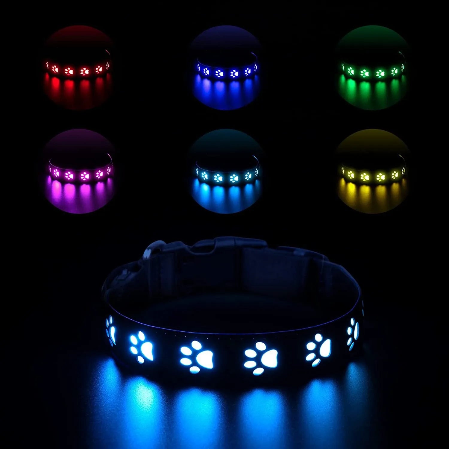 LED light-up cat collar with colourful paw print design on adjustable polyester strap