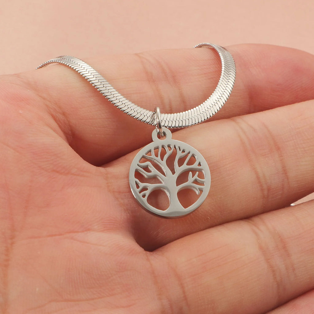 Stainless steel lucky tree pendant clavicle necklace with adjustable snake bones chain