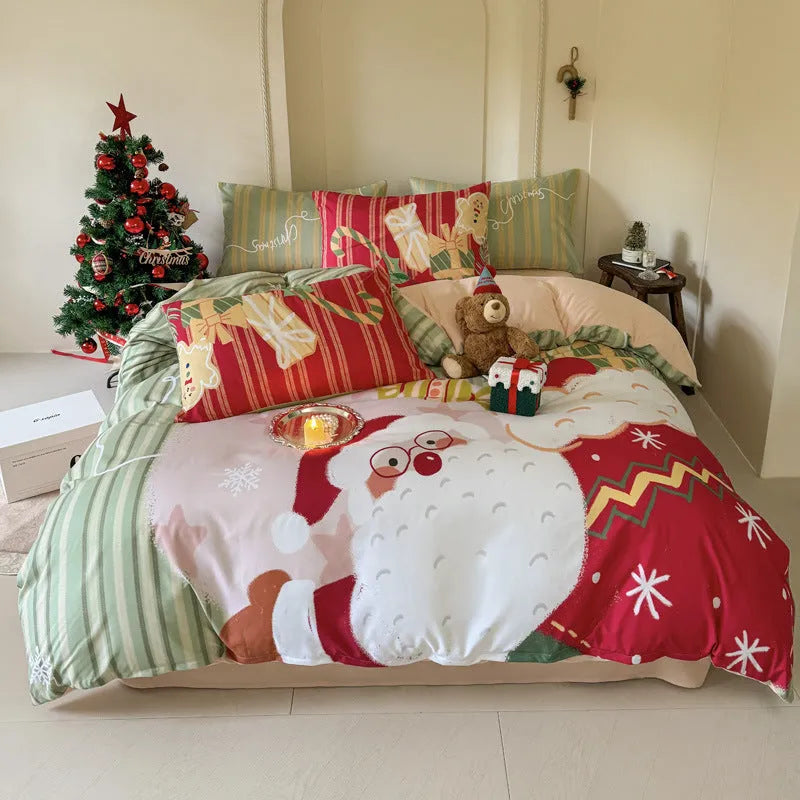 Christmas cartoon printed bedding four-piece set with gingerbread man designs on super soft washed cotton