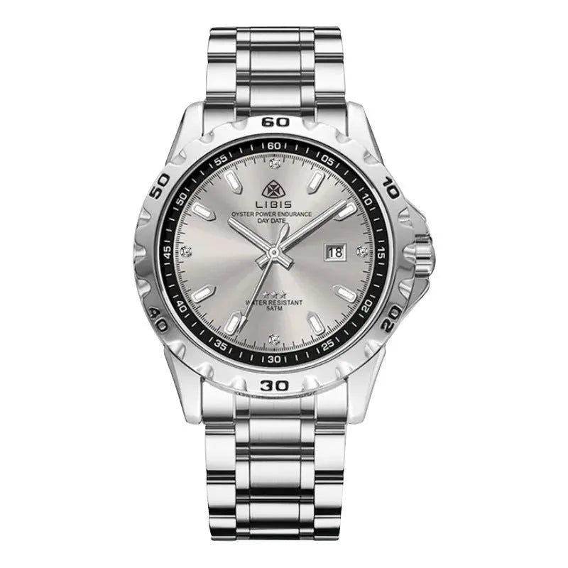 Silver men's business watch with luminous markers and stainless steel strap