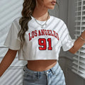 Black personalised cotton t-shirt with printed white English letters, loose fit and exposed navel style.