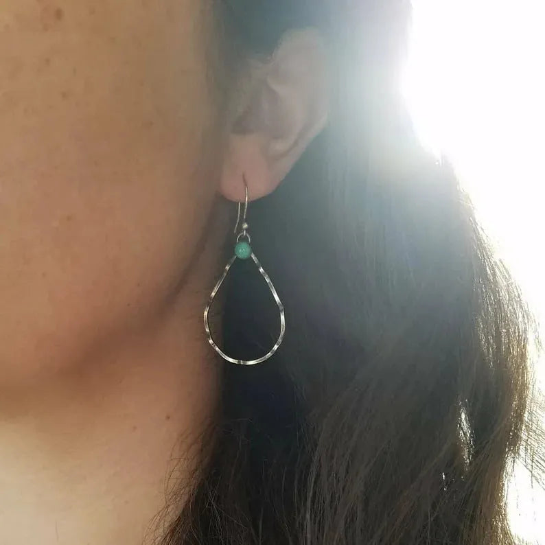 Geometric turquoise circle earrings with antique silver finish, bohemian vintage style.