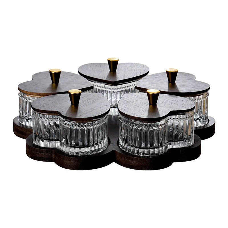 Glass retro style snack plate with heart-shaped transparent lid showing grid compartments inside
