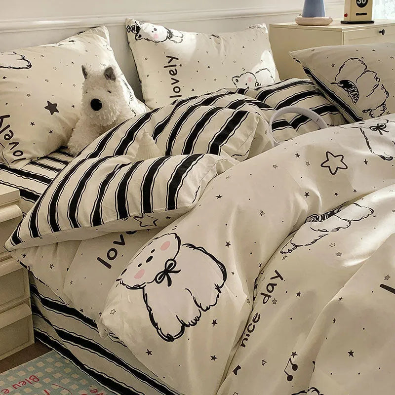 Cartoon dog pattern cotton bedding four-piece set with duvet cover and fitted sheet