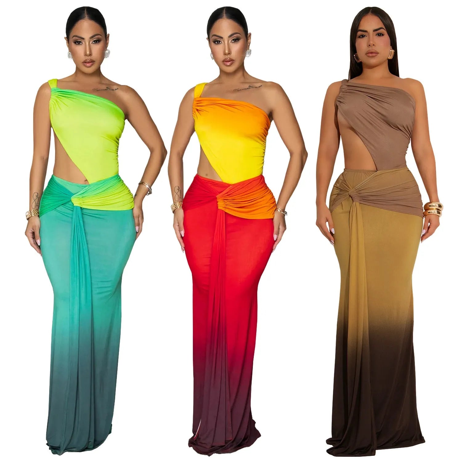 Women's brown gradient sleeveless dress with cross-shoulder design and high waist