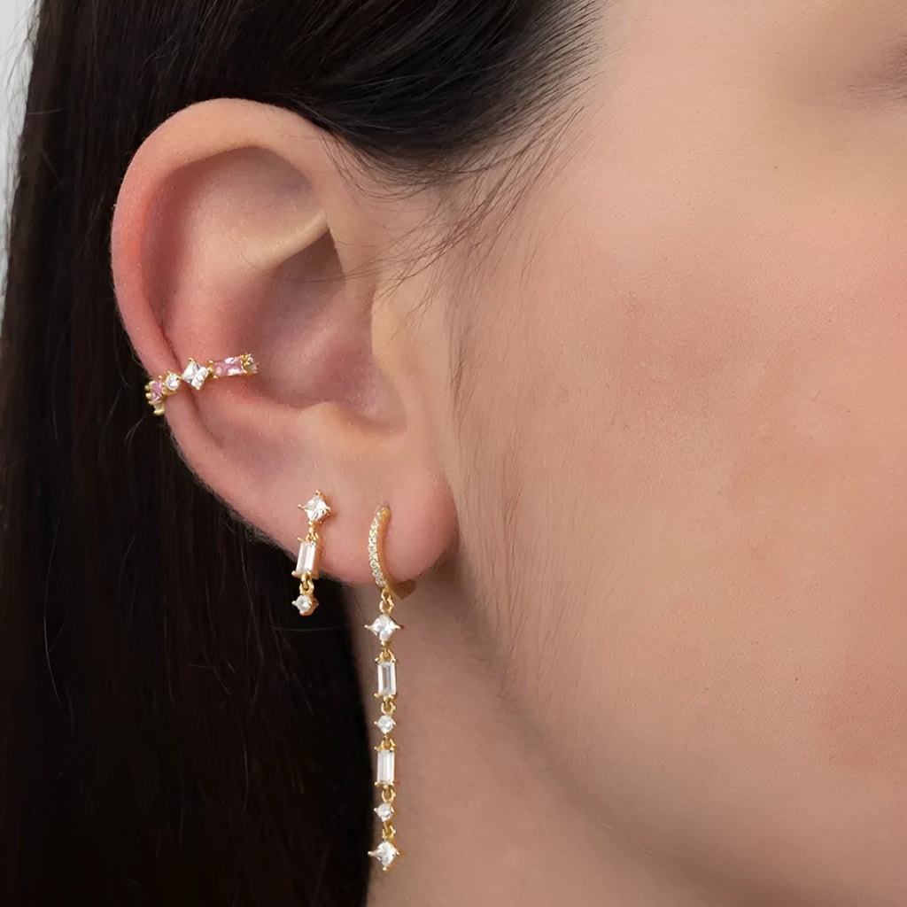 Sterling silver needle fashion ear clip with colourful zircon tassel and geometric U-shape design