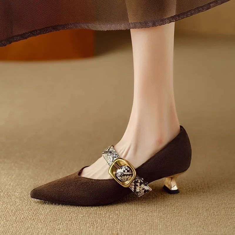 Women's black French pointed toe high heel shoes with stiletto heel and ankle buckle closure