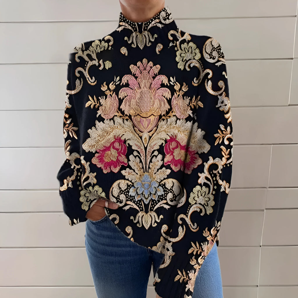 Black 3D pattern printed turtleneck loose fit sweater on a hanger
