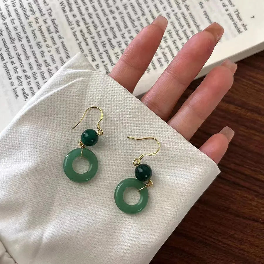 Green jade peace buckle shaped earrings with 14K gold plating for Chinese style clothing
