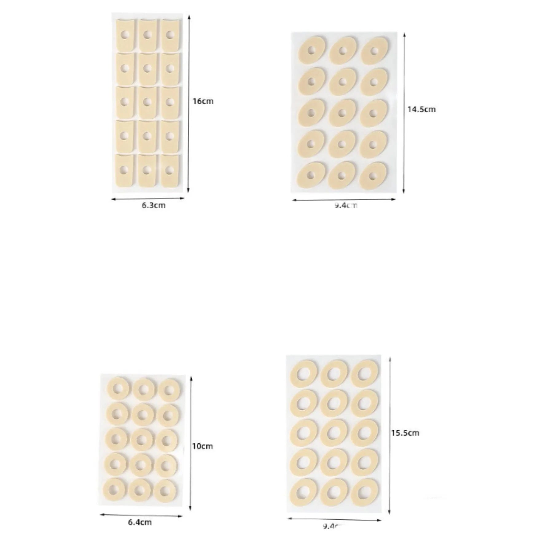 Women's PU heel protection pads in four shapes: large oval, small oval, U-shaped and circular section designs
