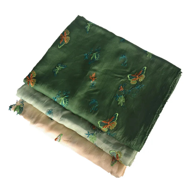 Pure ramie fabric in beige, grass green, and dark green, showing 140cm width.