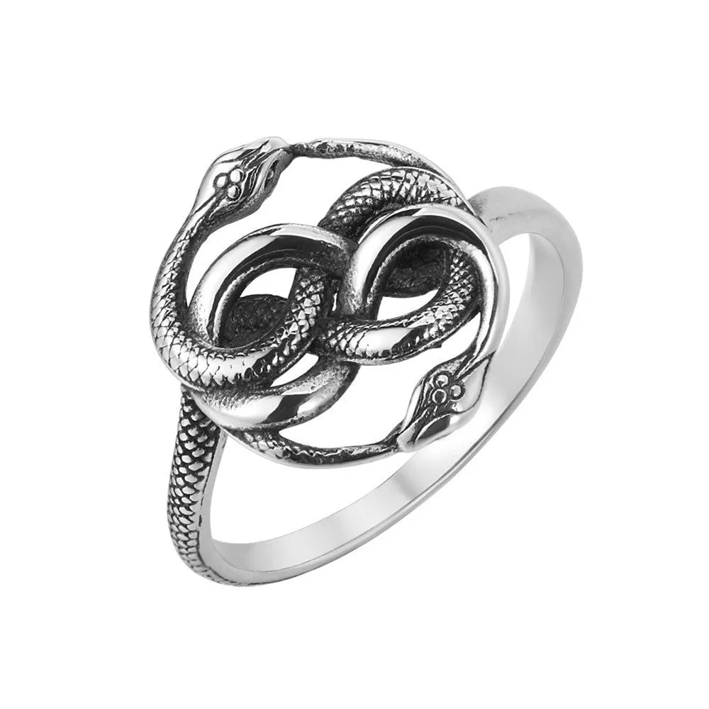 Retro double snake titanium steel ring showing detailed sculptural design on finger