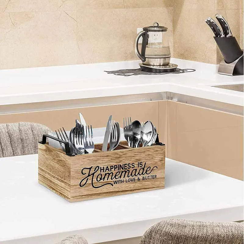 Large wooden kitchen storage box with grid dividers for organising cutlery and utensils