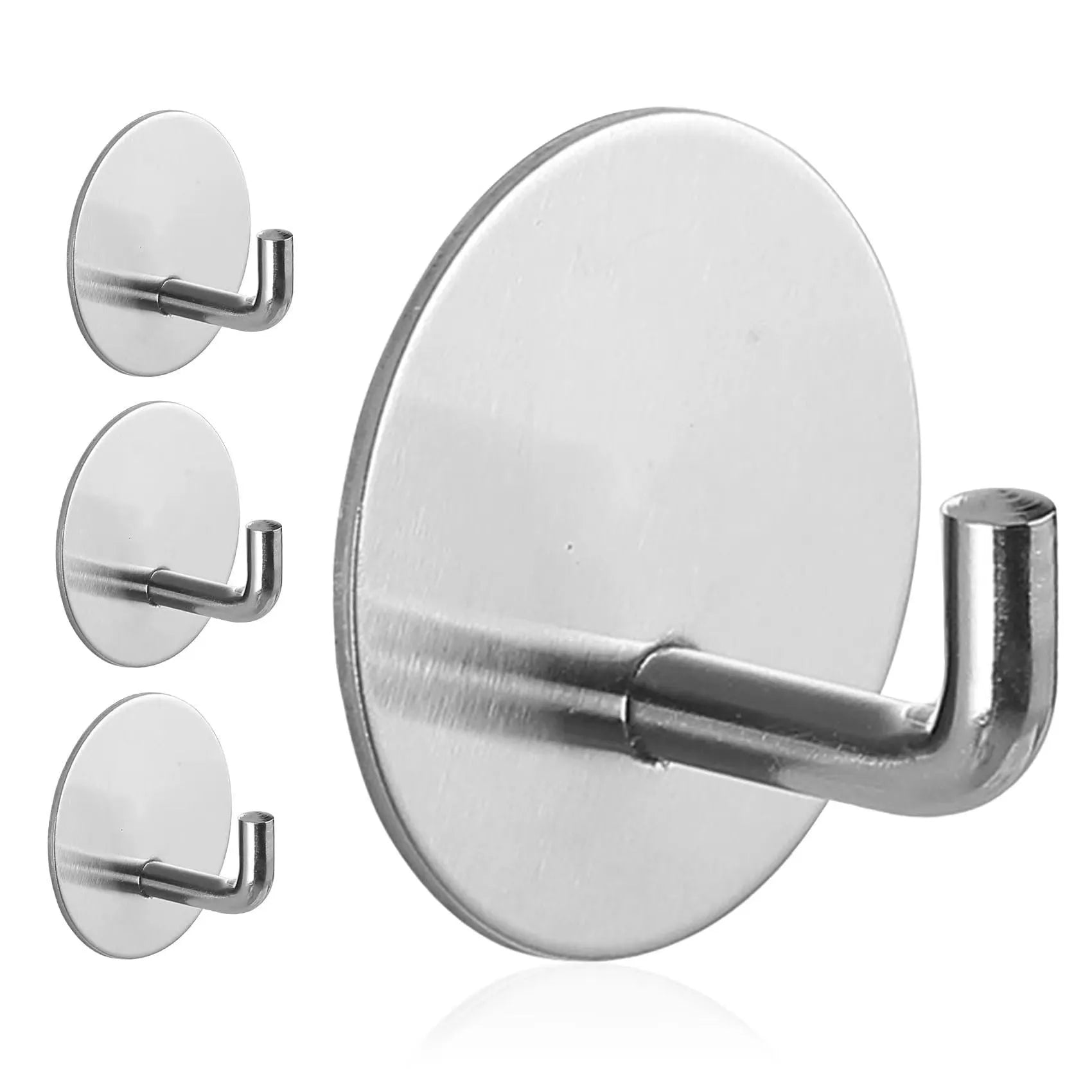 Stainless steel self-adhesive hook with a round design for bathrooms and kitchens, shown in black and polished finishes.