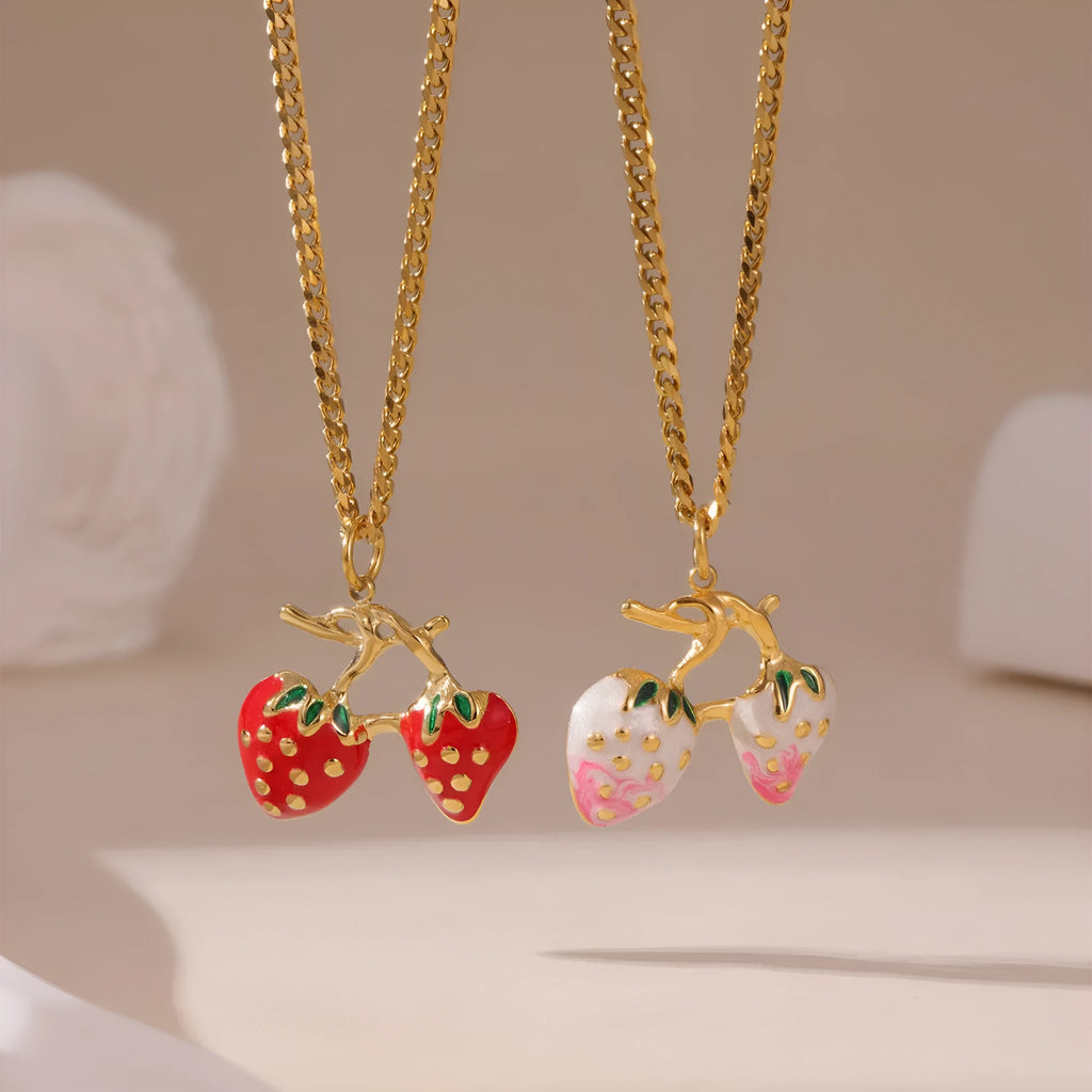 Stainless steel strawberry fruit pendant necklace with white powder gradient finish and red charm