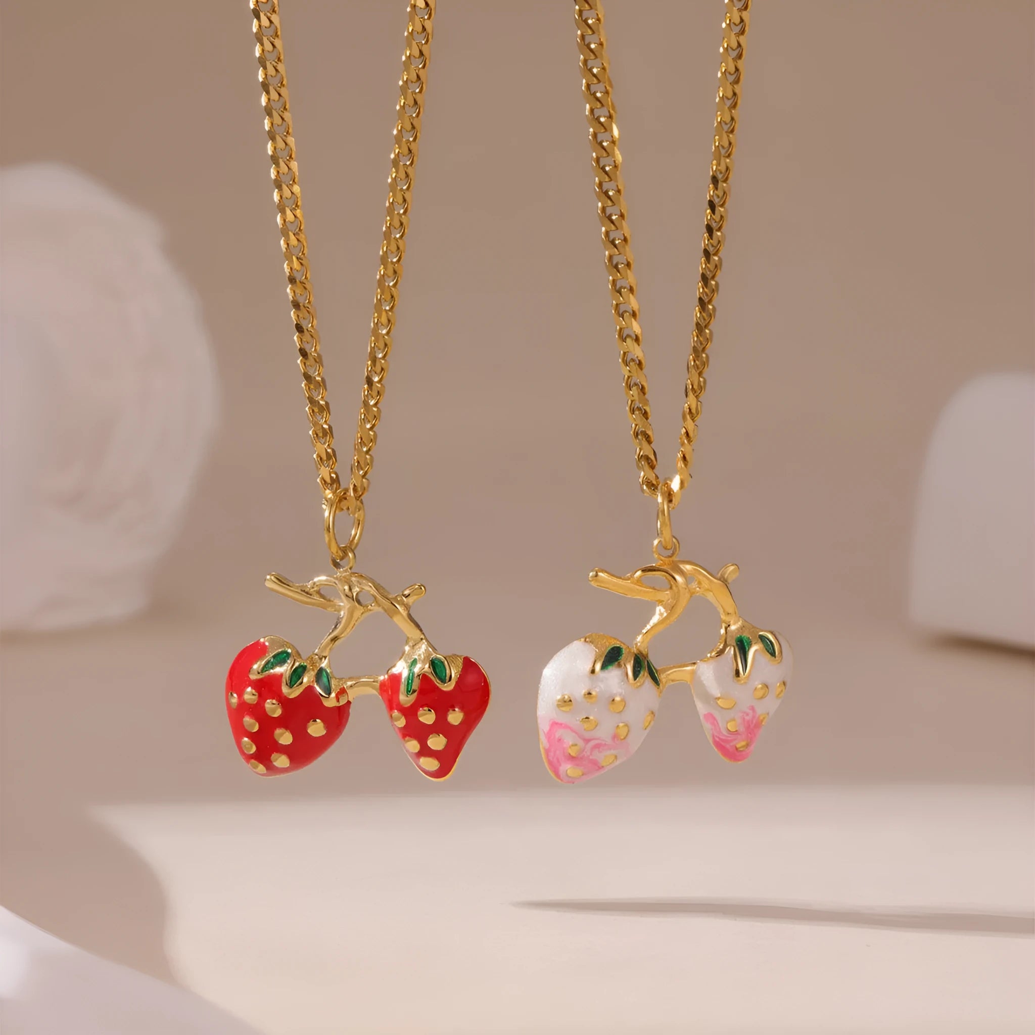 Stainless steel strawberry fruit pendant necklace with white powder gradient finish and red charm