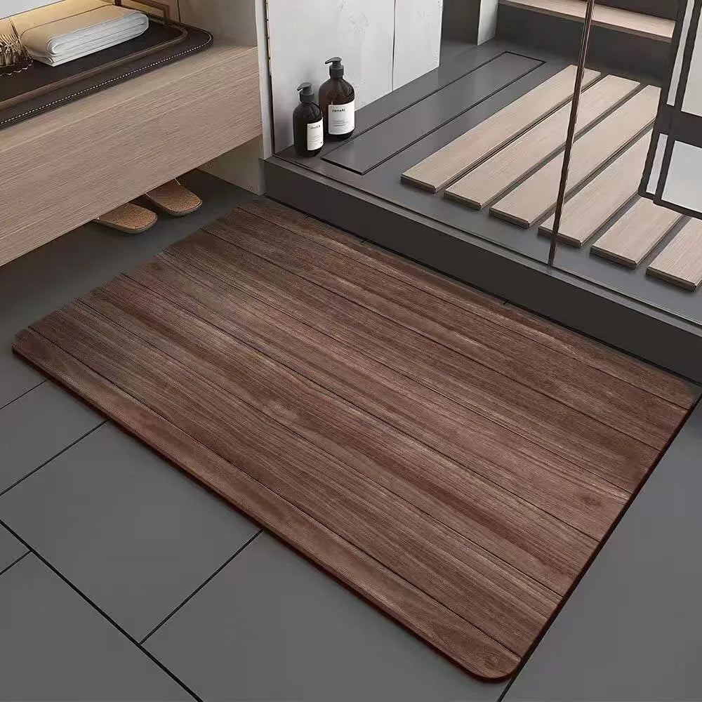American-style square diatom ooze floor mat with a wood grain geometric pattern, shown in a bathroom setting.