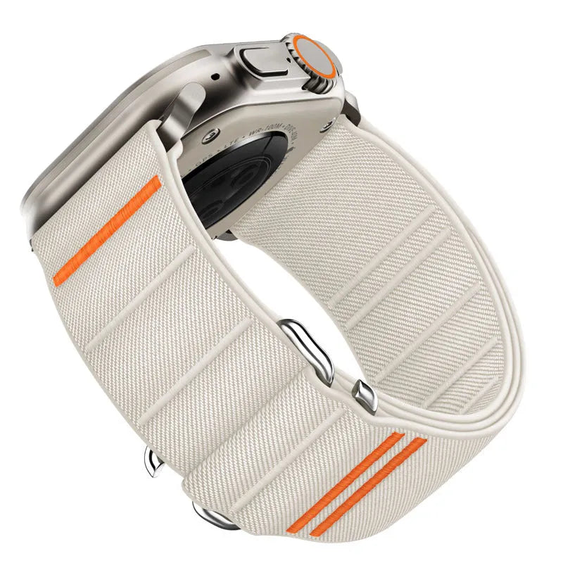 Elastic nylon Apple Watch band with stainless steel buckle in multiple colour options