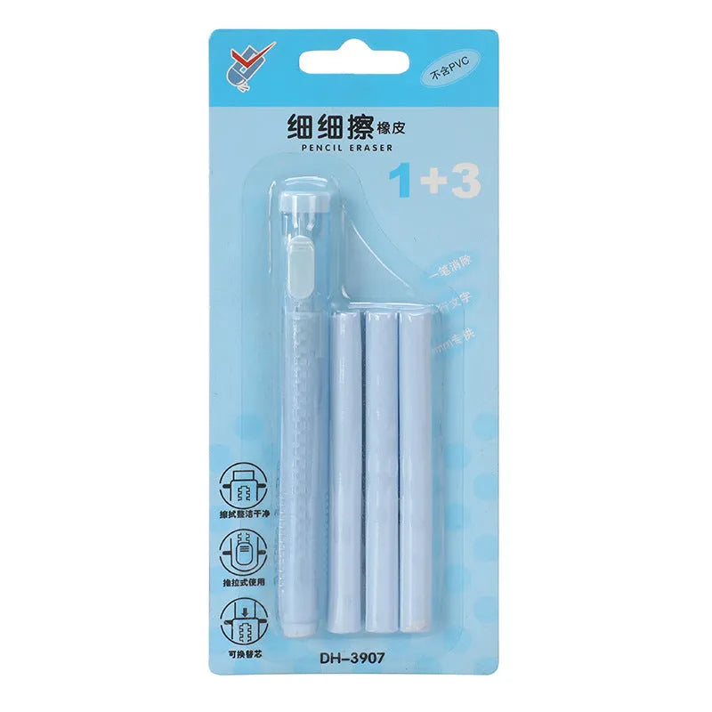 Push type children's automatic eraser in blue, green, pink, and purple colour options