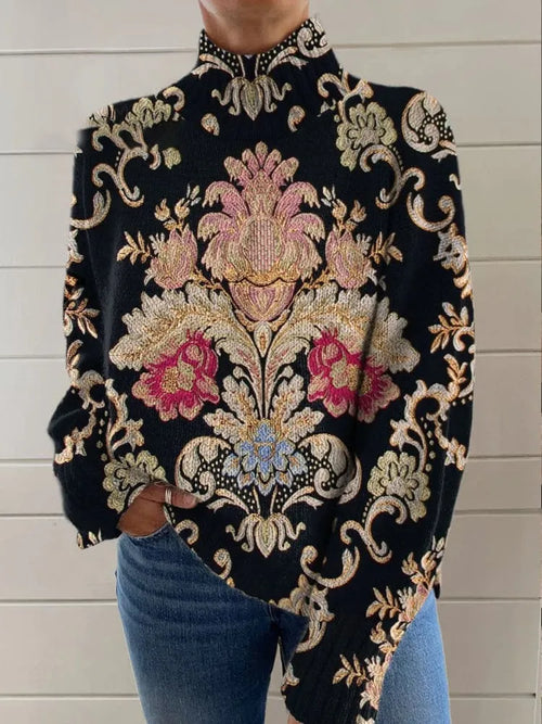 Black 3D pattern printed turtleneck loose fit sweater on a hanger