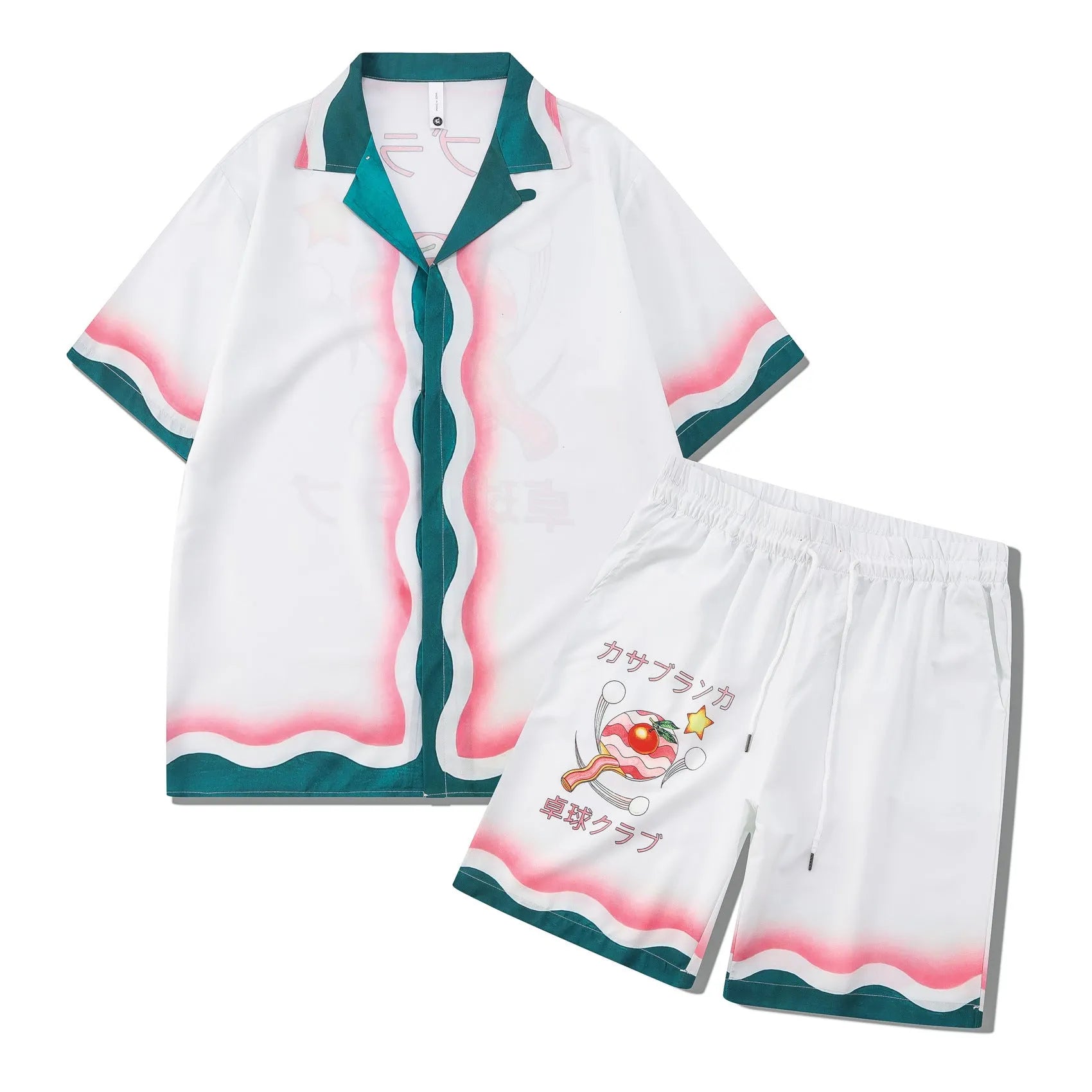 Men's plaid print polyester beach shirt and matching trousers casual outfit set.