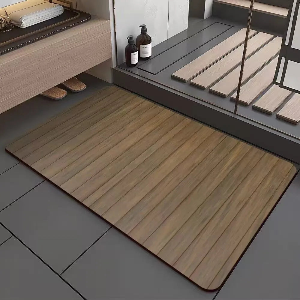American-style square diatom ooze floor mat with a wood grain geometric pattern, shown in a bathroom setting.