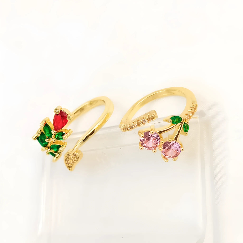 Women's open mouth copper ring with gold plating and zircon micro inlaid leaf geometric design