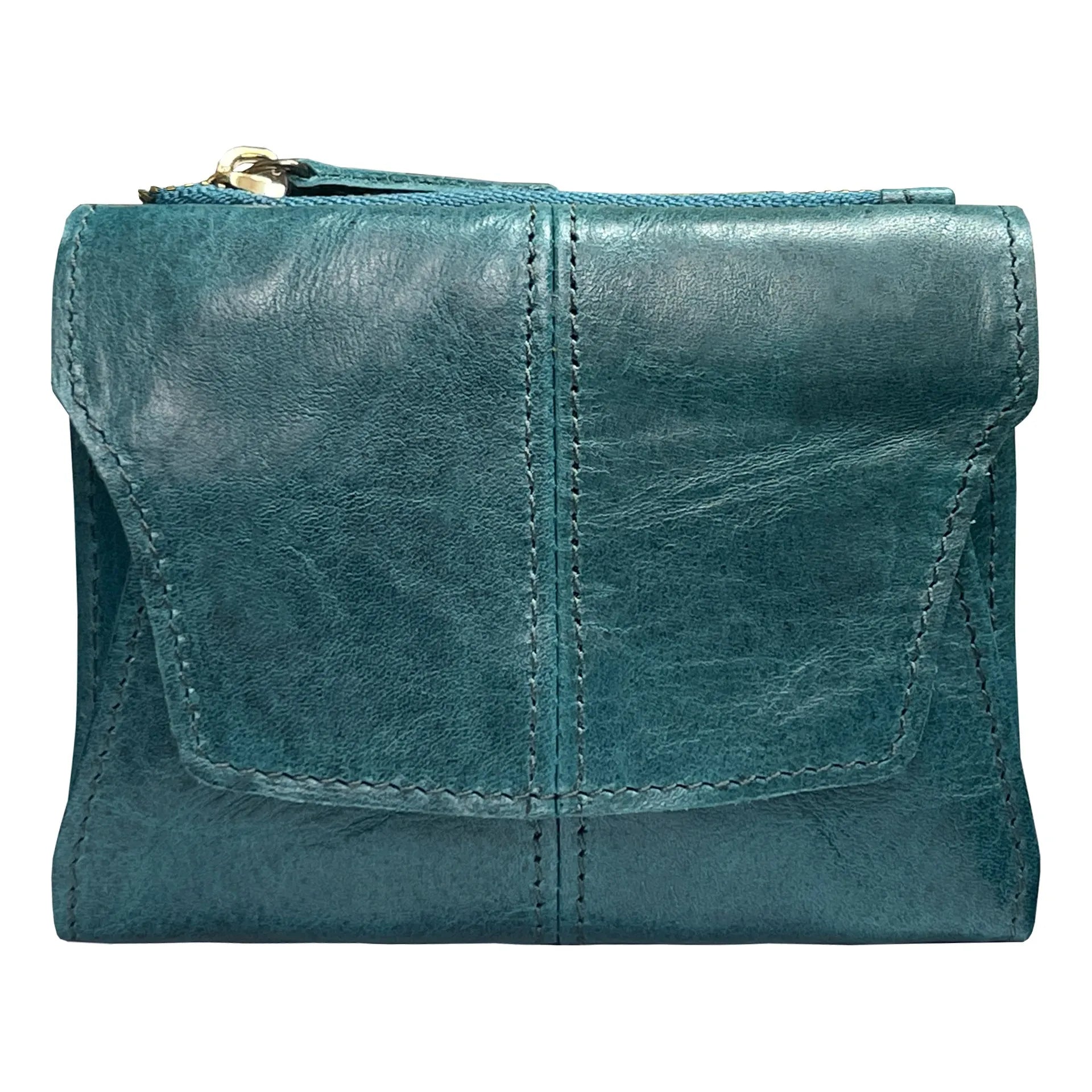 Genuine leather coin purse in retro style with stitching detail and anti-theft function