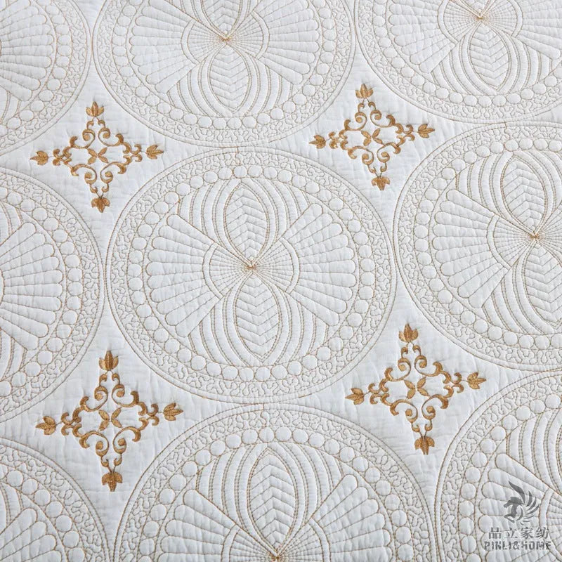 European-style double thick pure cotton bed cover set with embroidery, includes one cover and two pillowcases.
