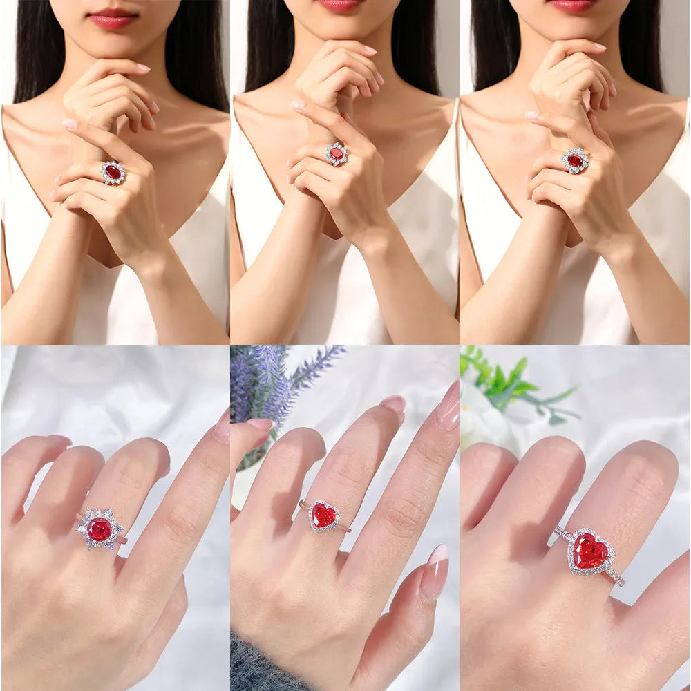 Heart-shaped high carbon diamond ice flower cut colour zircon stone set in a women's 925 sterling silver ring.