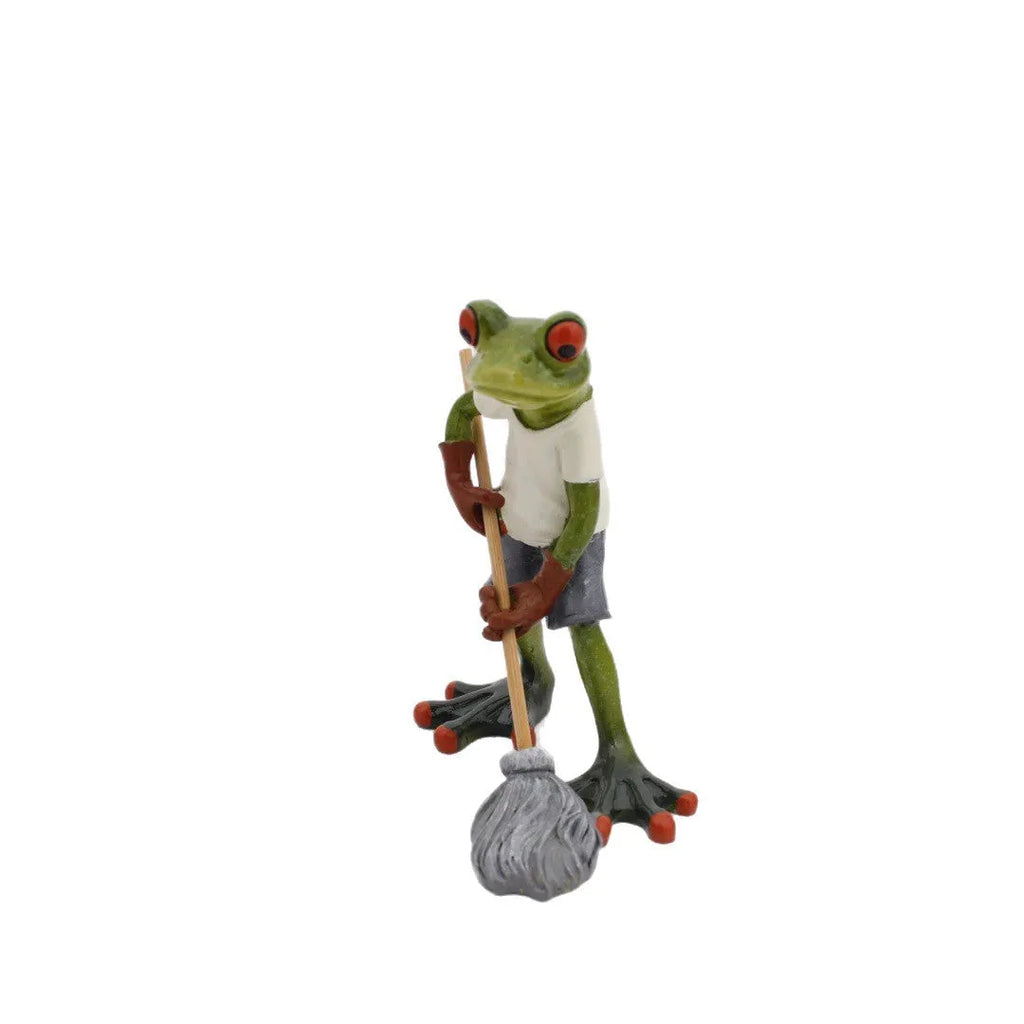 Pastoral style synthetic resin frog figurine home decoration on a wooden surface.