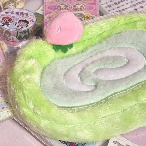 Honeydew roll plush velvet pencil case in Swiss roll cake design with Korean style