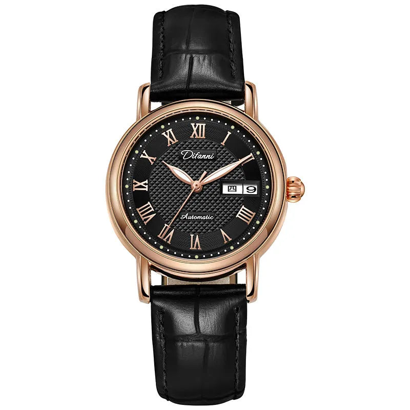 6023B automatic women's mechanical watch in steel and leather strap options on wrist