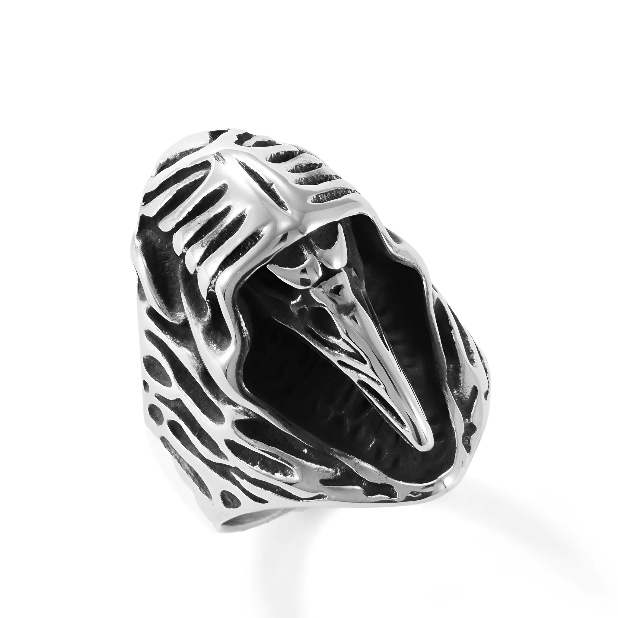 Black geometric crow design stainless steel punk ring on a hand, showing retro animal motif.